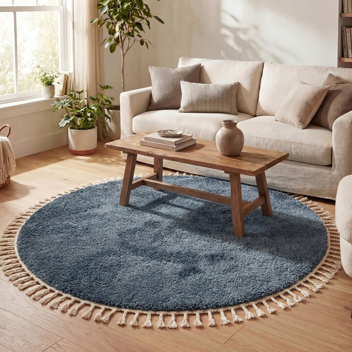 Rond hoogpolig vloerkleed - Lofty Fringe Blauw | Sfeervol!