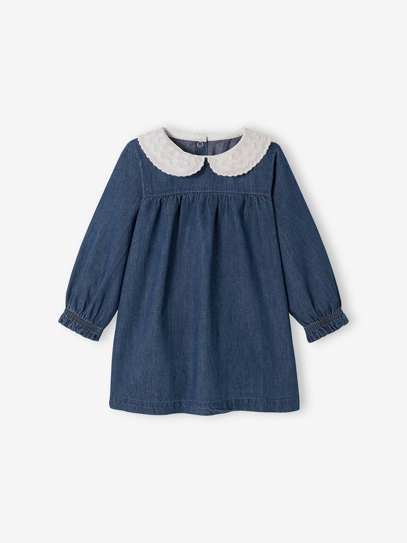 Vestido jeans com gola de chiffon bordada para bebê pedra