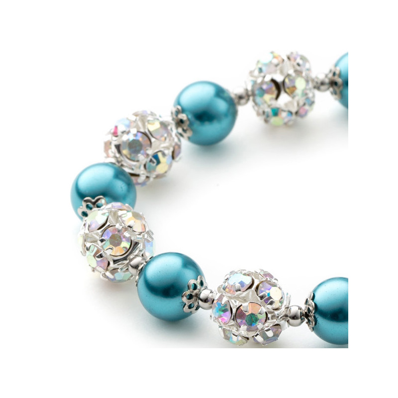 Bracelet 1 Rang en Perles Bleues, Cristal et Plaqué Rhodium