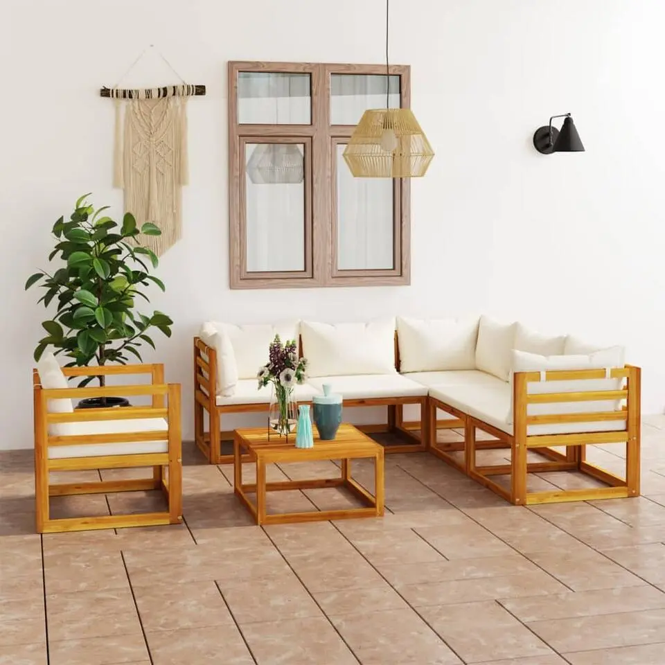 vidaXL - Tuinset - Crème - Acaciahout - 7 stuks - Met kussens