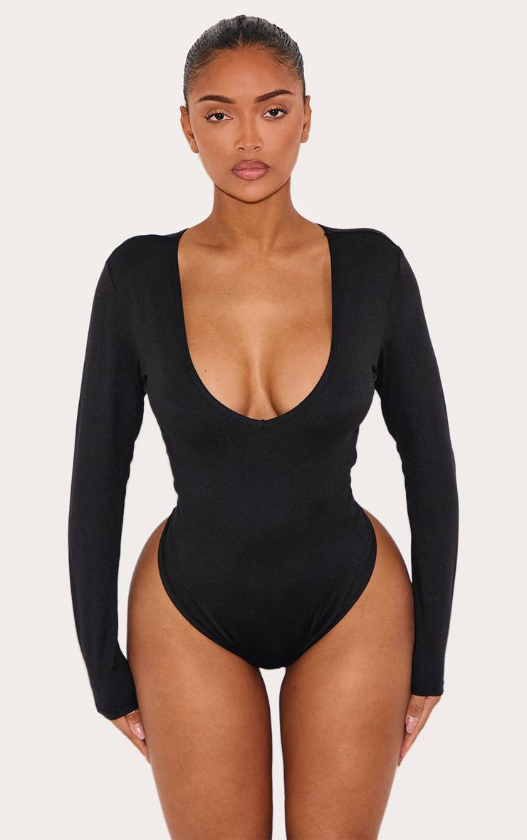 Noir Body Sculptant À Manches Longues Et Col En V