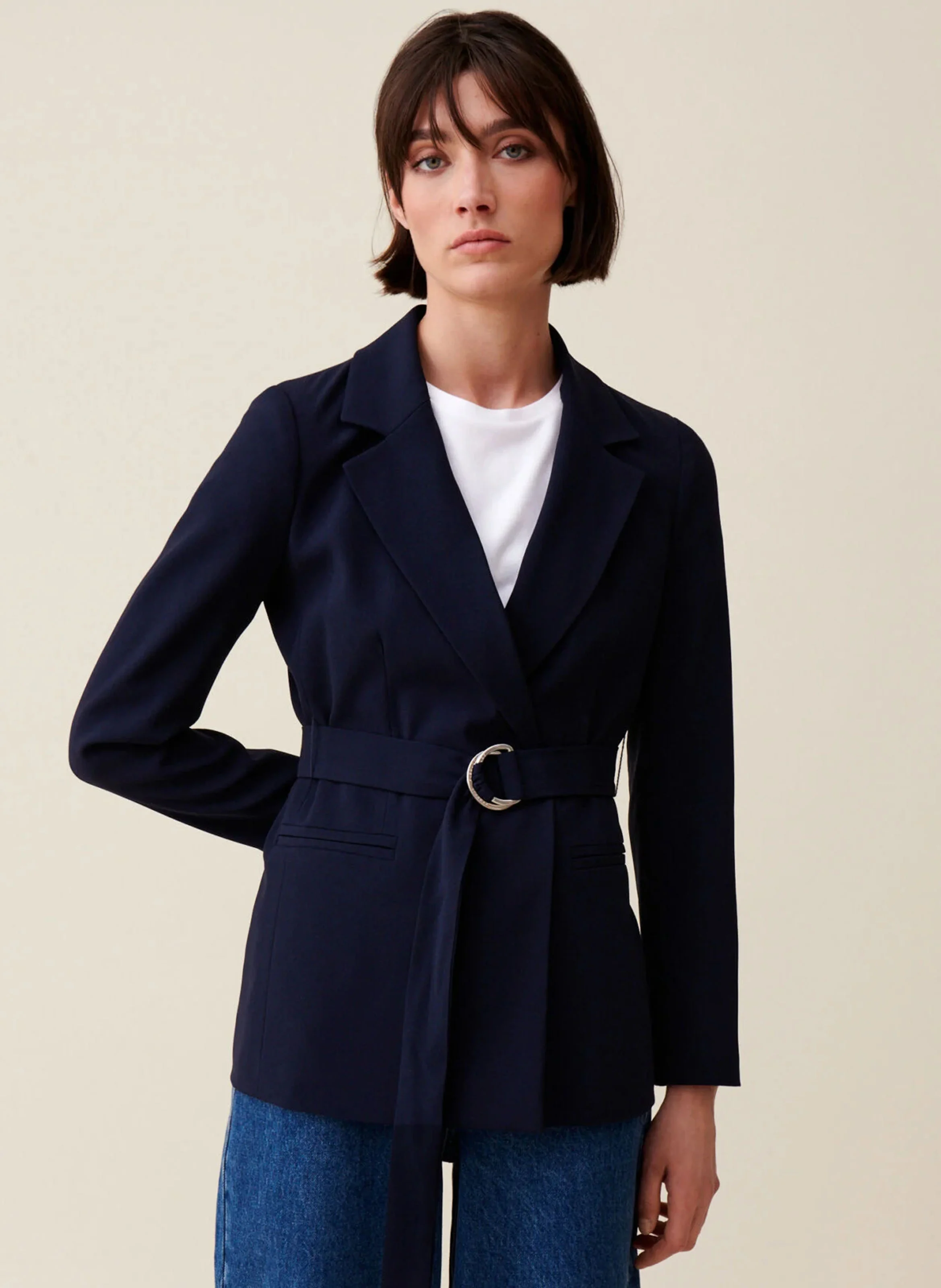 Veste col tailleur cintrée ceinturée | Bleu