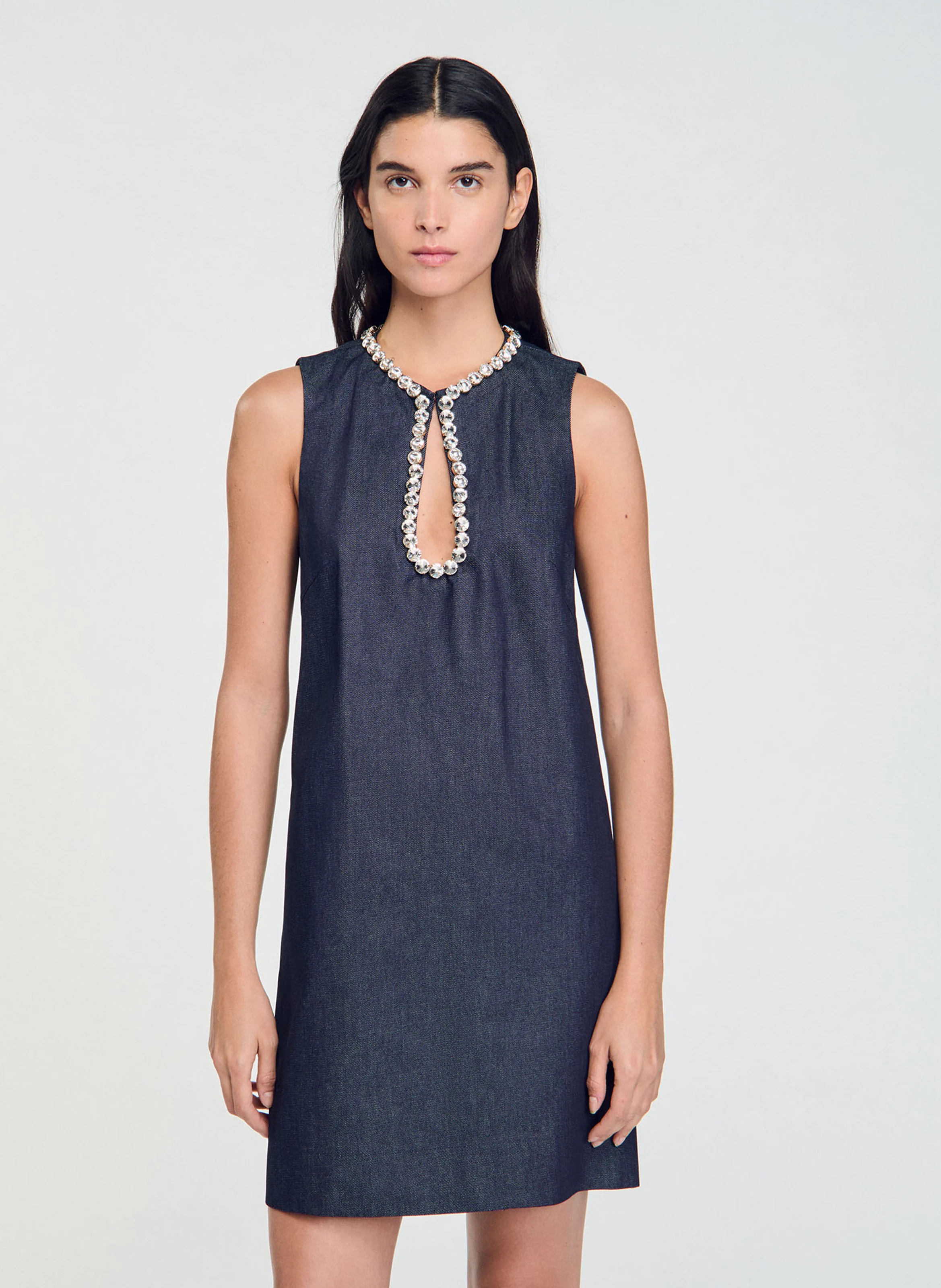 Robe courte col rond en denim | Bleu