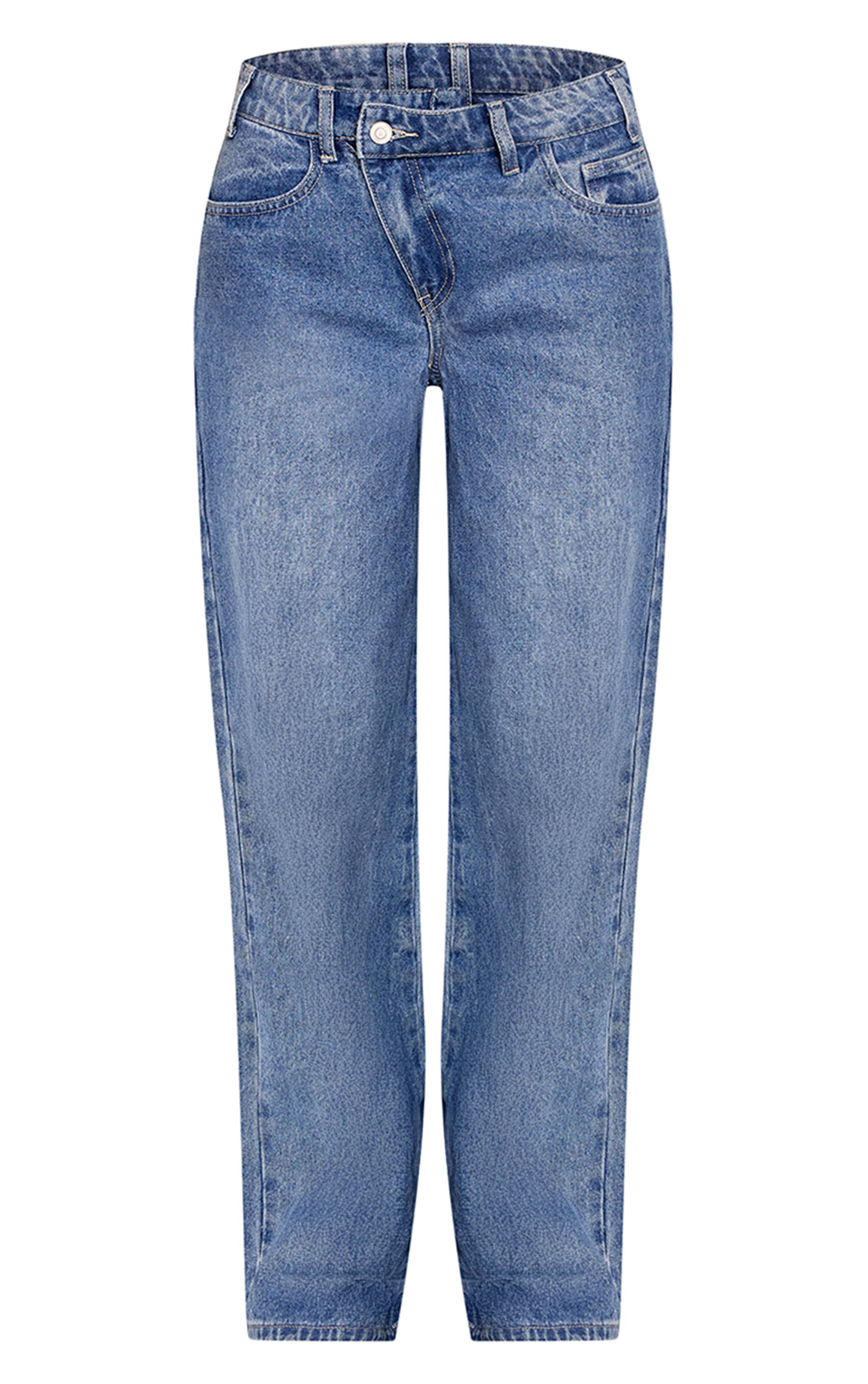 Mid Blue Wash Jean Large Bleu Moyen À Taille Asymétrique