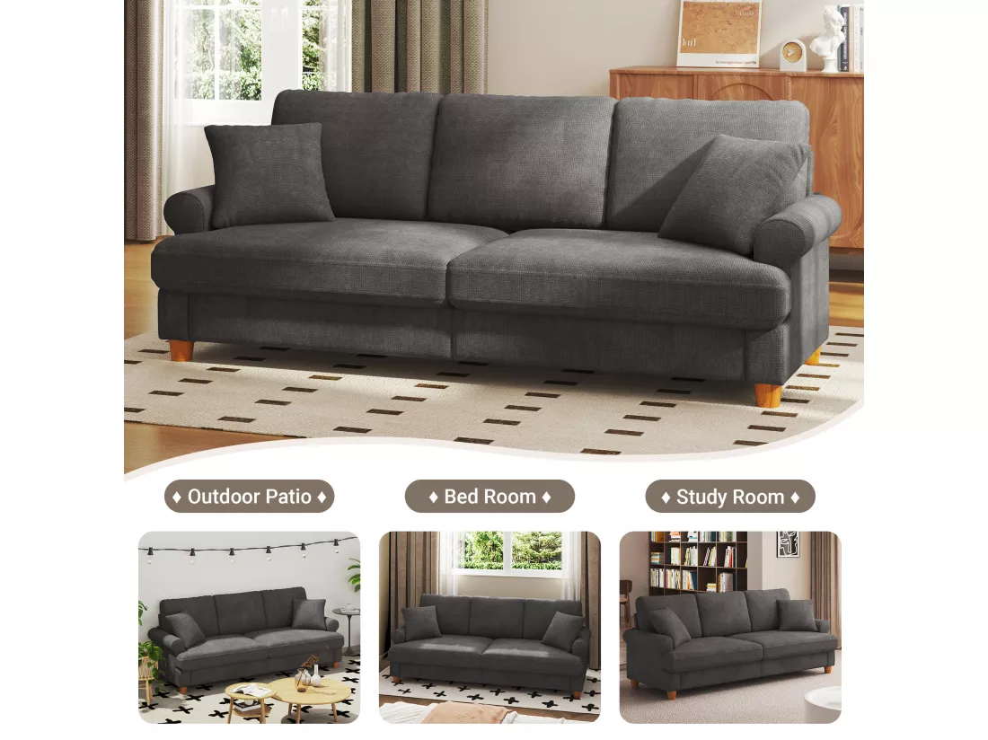 Canapé confort 3 places, Tissu en Chenille, avec accoudoirs,coussins et 2 oreillers, Charge max 365 kg - 220x76x86 cm