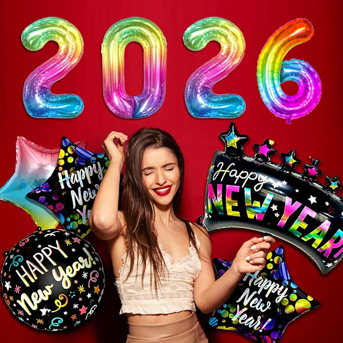 (12-tlg. Set) Silvester Party Deko Folien Ballon Happy New Year 2026 / Stern Luftballon - Bunt / Schwarz