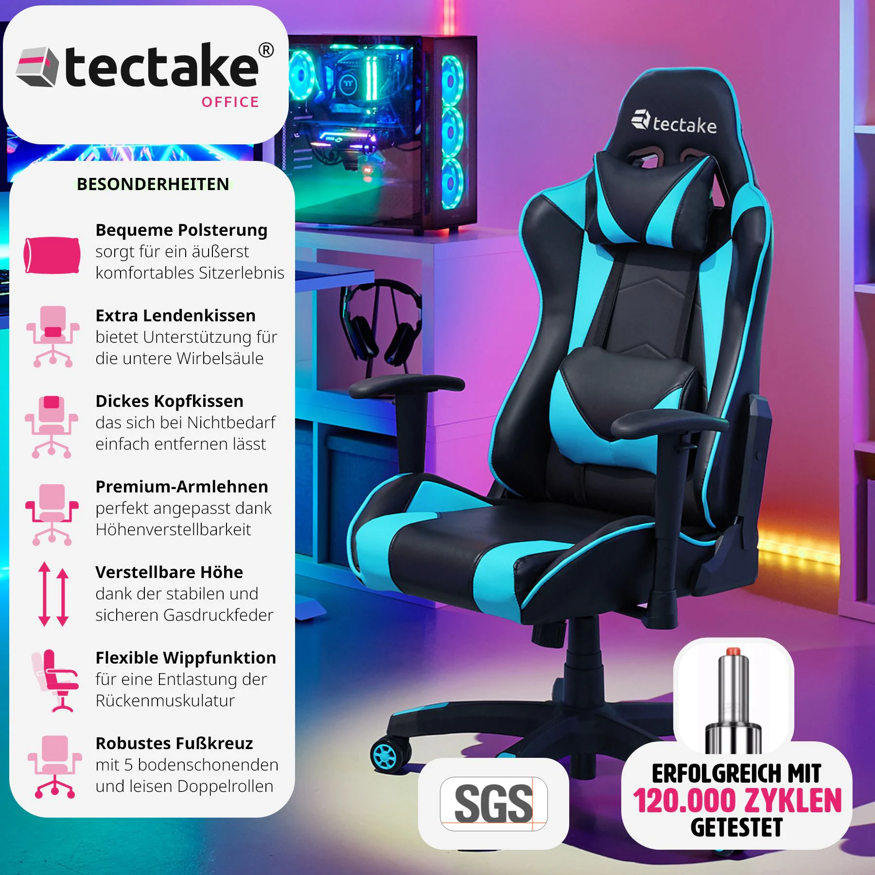 tectake® Racing Gaming Stuhl, ergonomische Form, mit verstellbarer Rückenlehne, Kunstlederbezug, abnehmbares Nacken- und Lendenkissen, Belastbarkeit 120 kg
