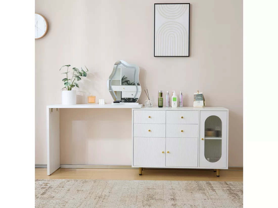 Coiffeuse extensible avec miroir, 4 tiroirs et 3 portes - 100 x 40 x 74.5 cm - Panneau de particules - LEDs - Blanc (sans tabouret)