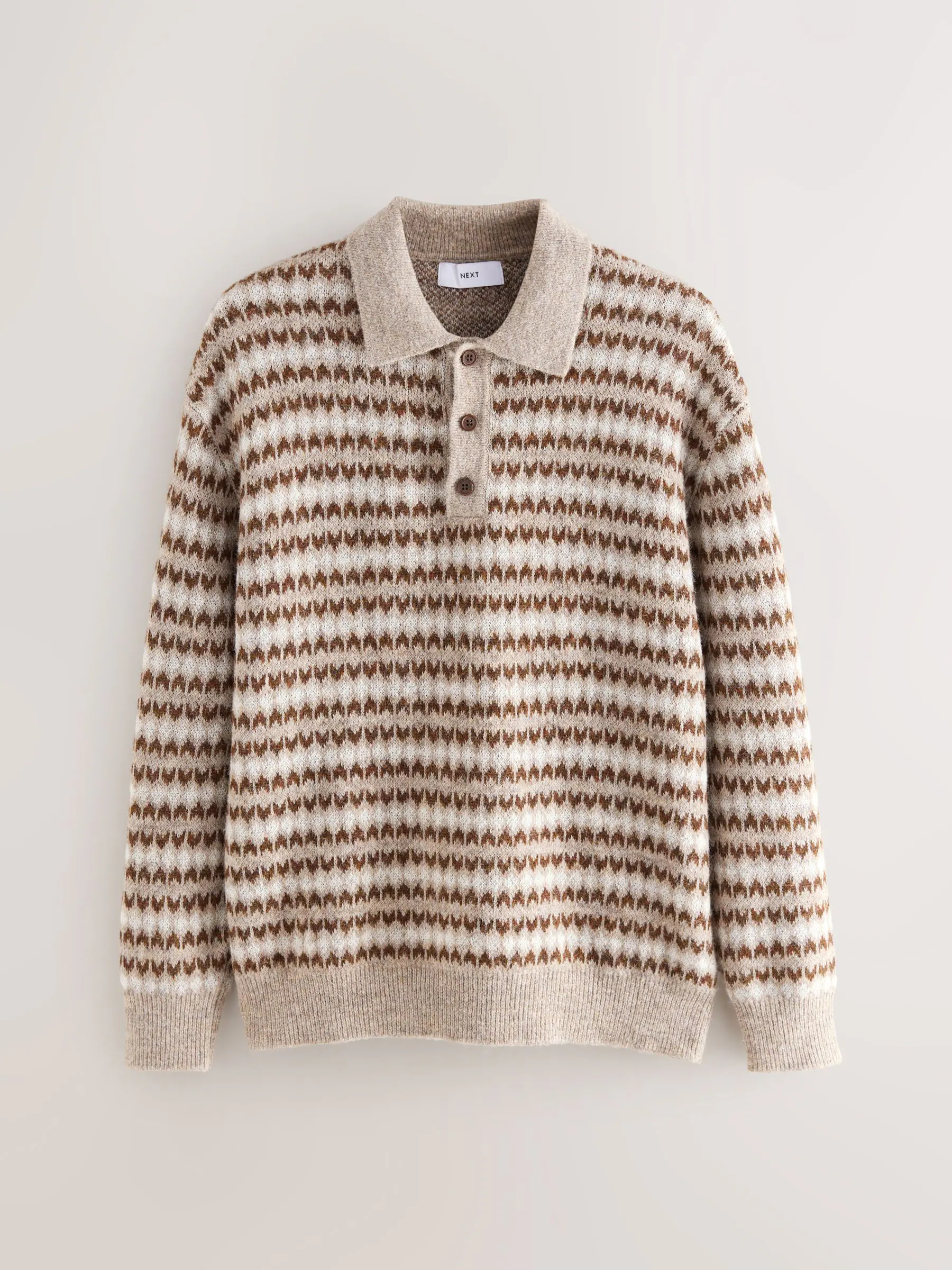 Neutraal - Regular fit poloshirt met fairisle-strepen, lange mouwen, gebreid met wol