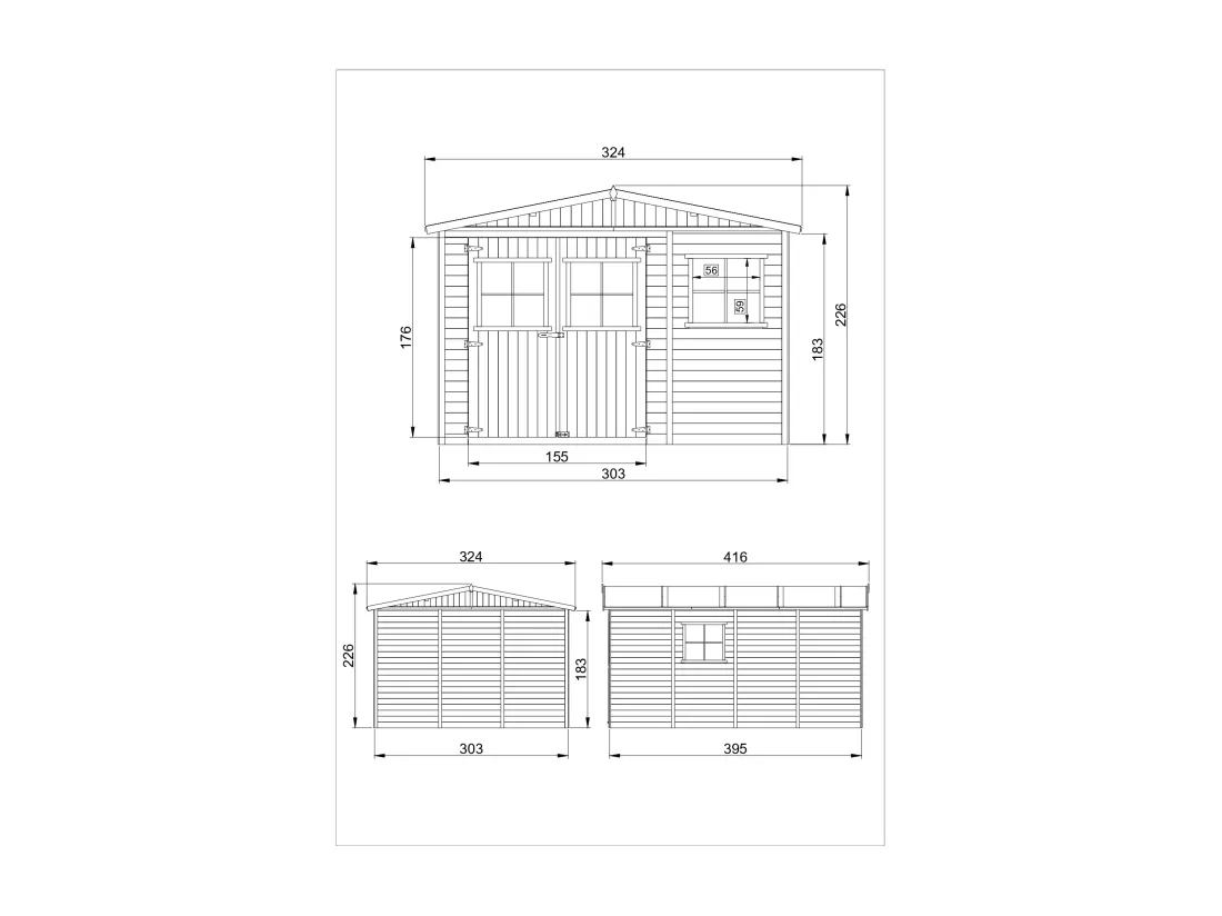 Abri de Jardin en Bois - H226x324x416 cm/12 m² - TIMBELA M336