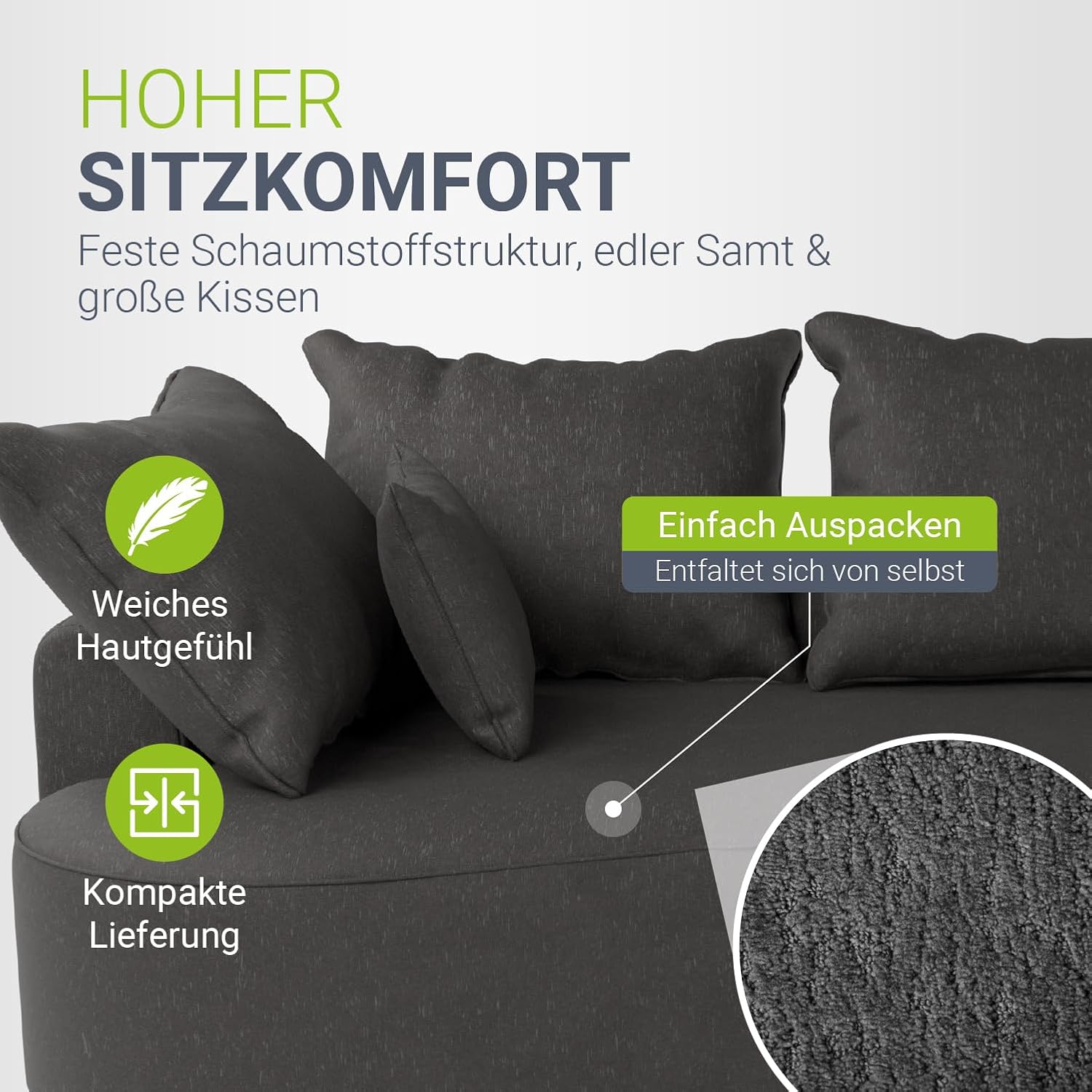 Juskys Sofa Tirano - Samt Grau, Ecksofa mit L-Form, mit Rücken- & Dekokissen, 4-Sitzer Eckcouch, Schaumstoff - Ottomane Links