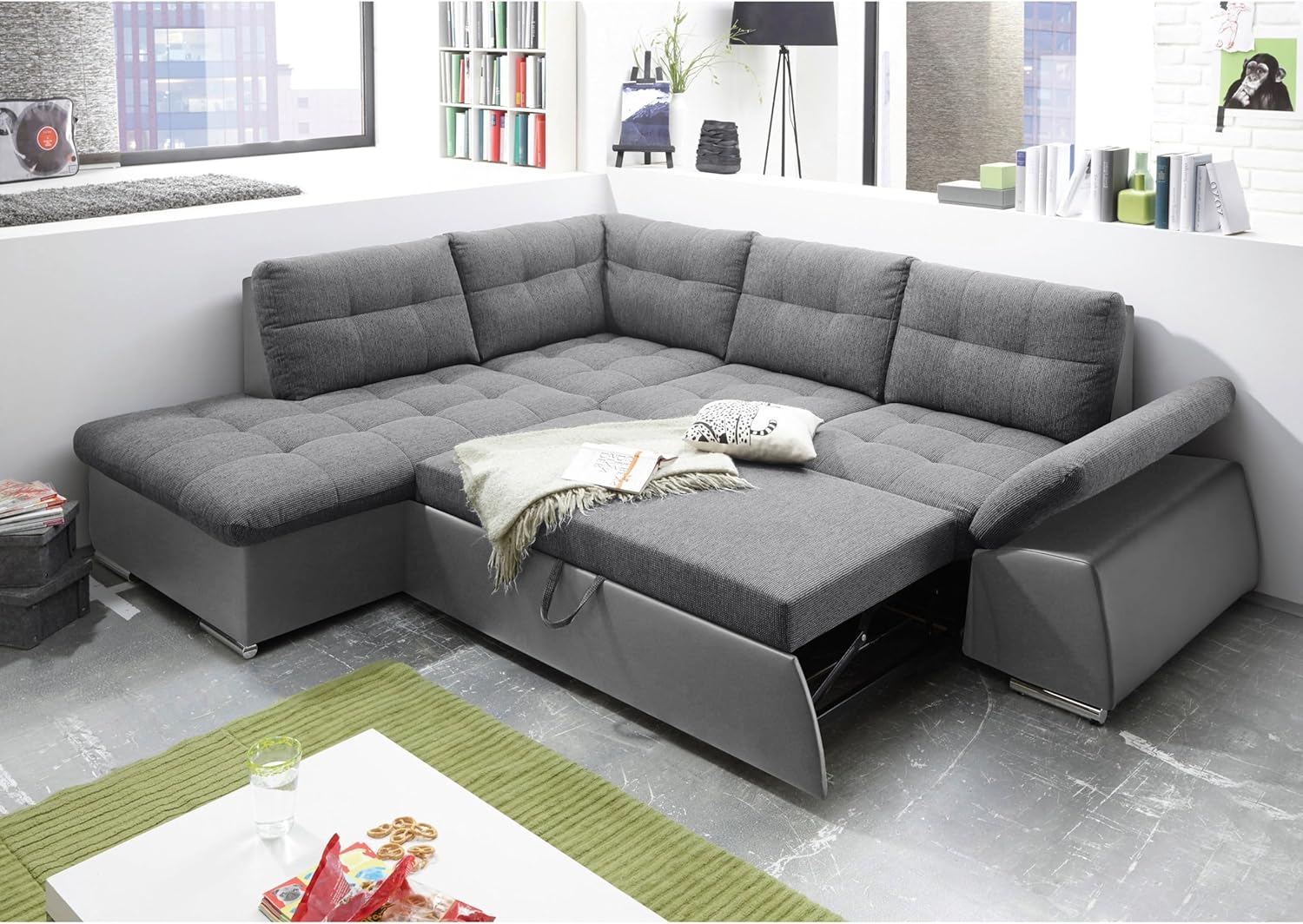 JAKARTA Ecksofa mit Schlaffunktion in Lederoptik, Dunkelgrau / Anthrazit - Moderne Eckcouch in L-Form mit verstellbaren Armlehnen - 260 x 103 x 219 cm (B/H/T)
