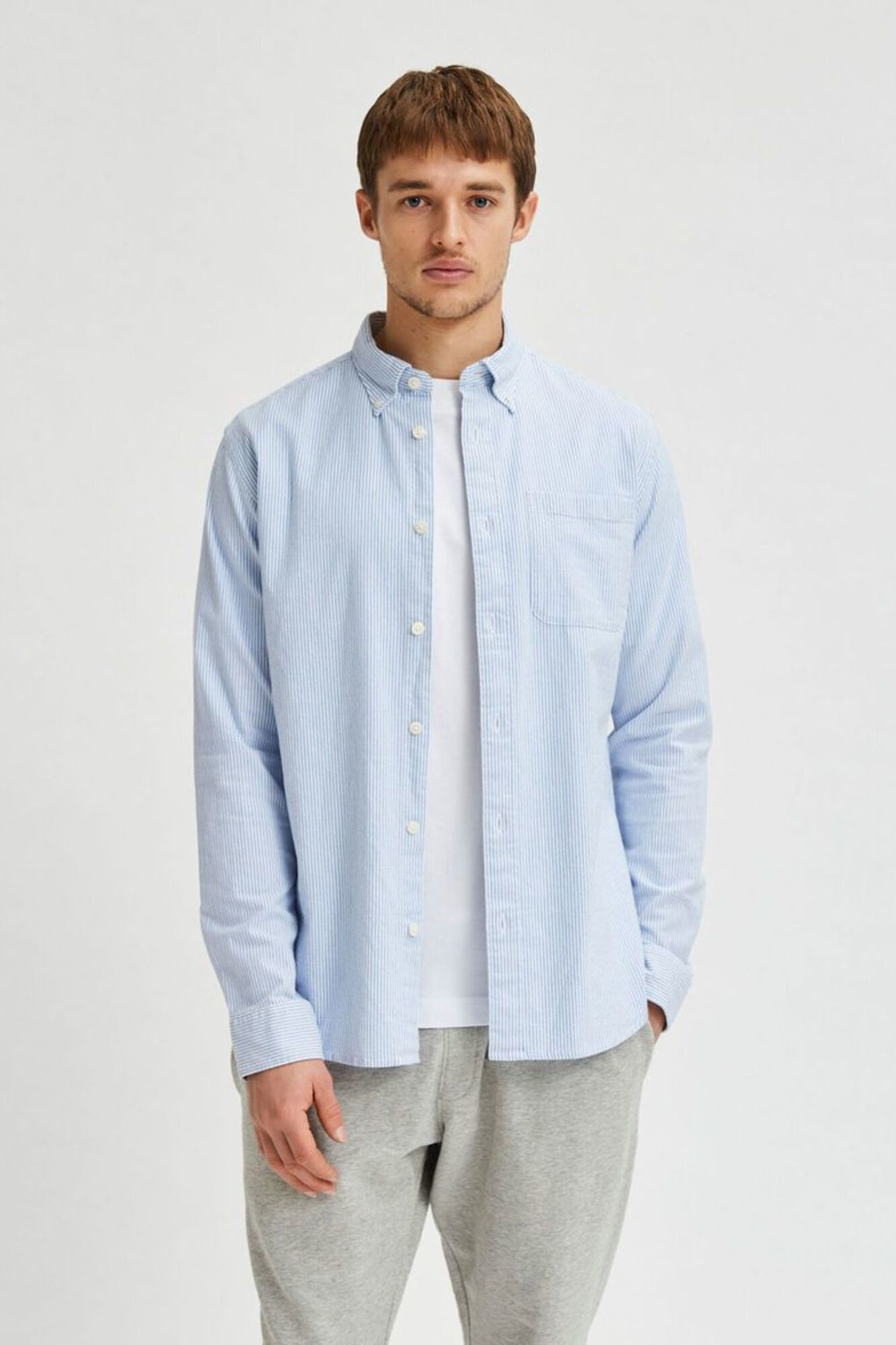 Camisa de manga comprida com bolso, 100% algodão - Azul