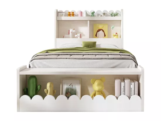 Lit simple enfant 90x200 cm avec tiroirs, étagères et banc avec espace de rangement, blanc + chêne