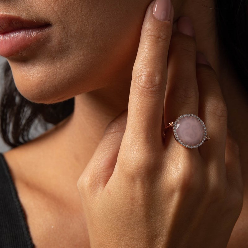 Bague Disque Argent Doré Pierre Blanche Serti Blanc