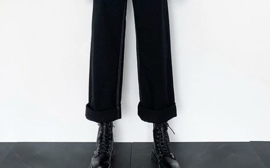 Hanji - Hoge taille contrasterende gestikte losse jeans