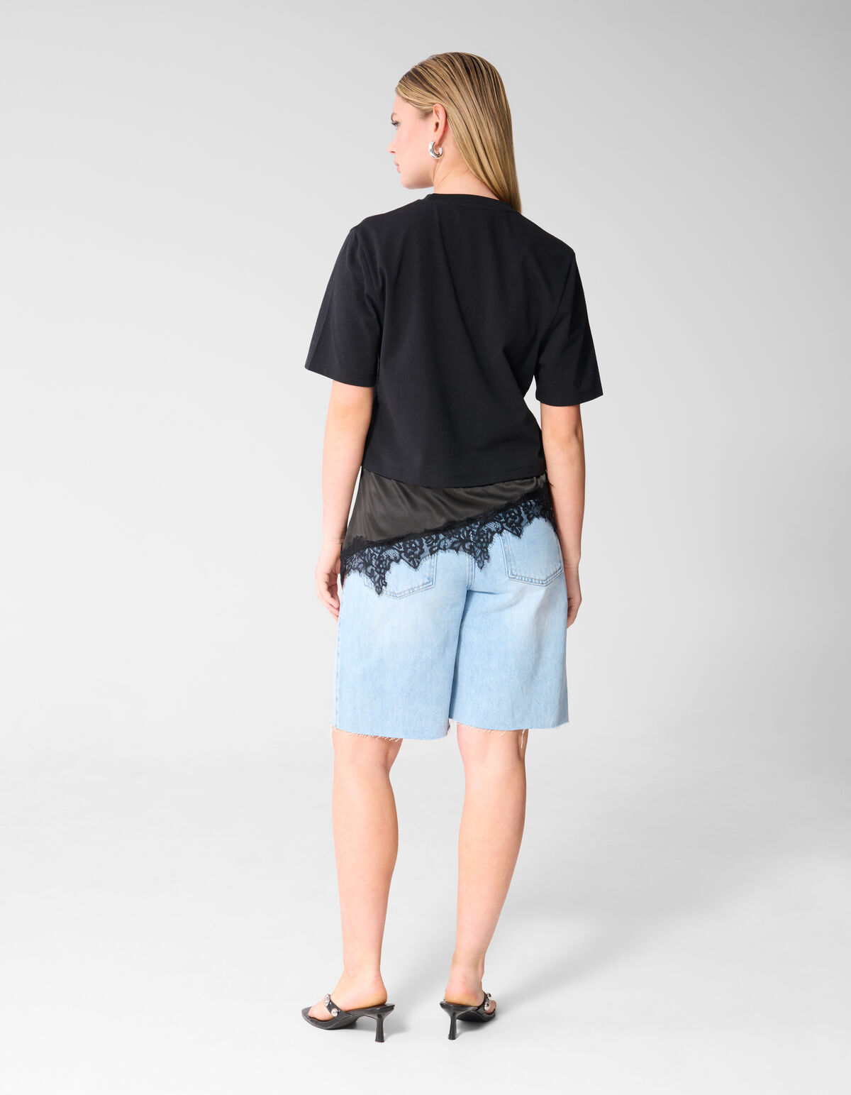 Kanten Satijnen T-shirt Zwart