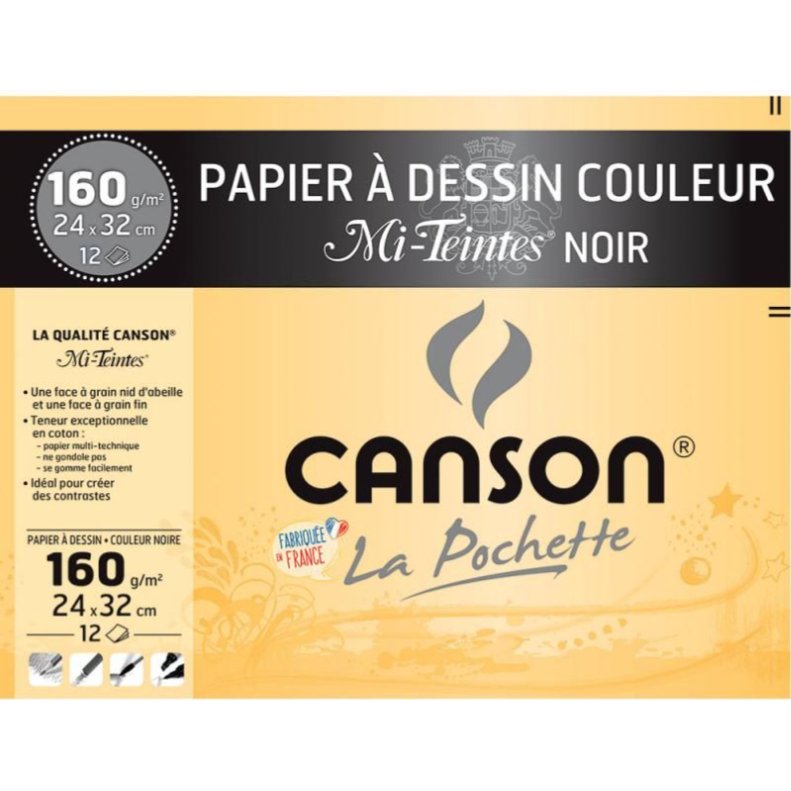 Papier dessin canson mi-teintes 160g a4+ unicolore noir pochette 12f
