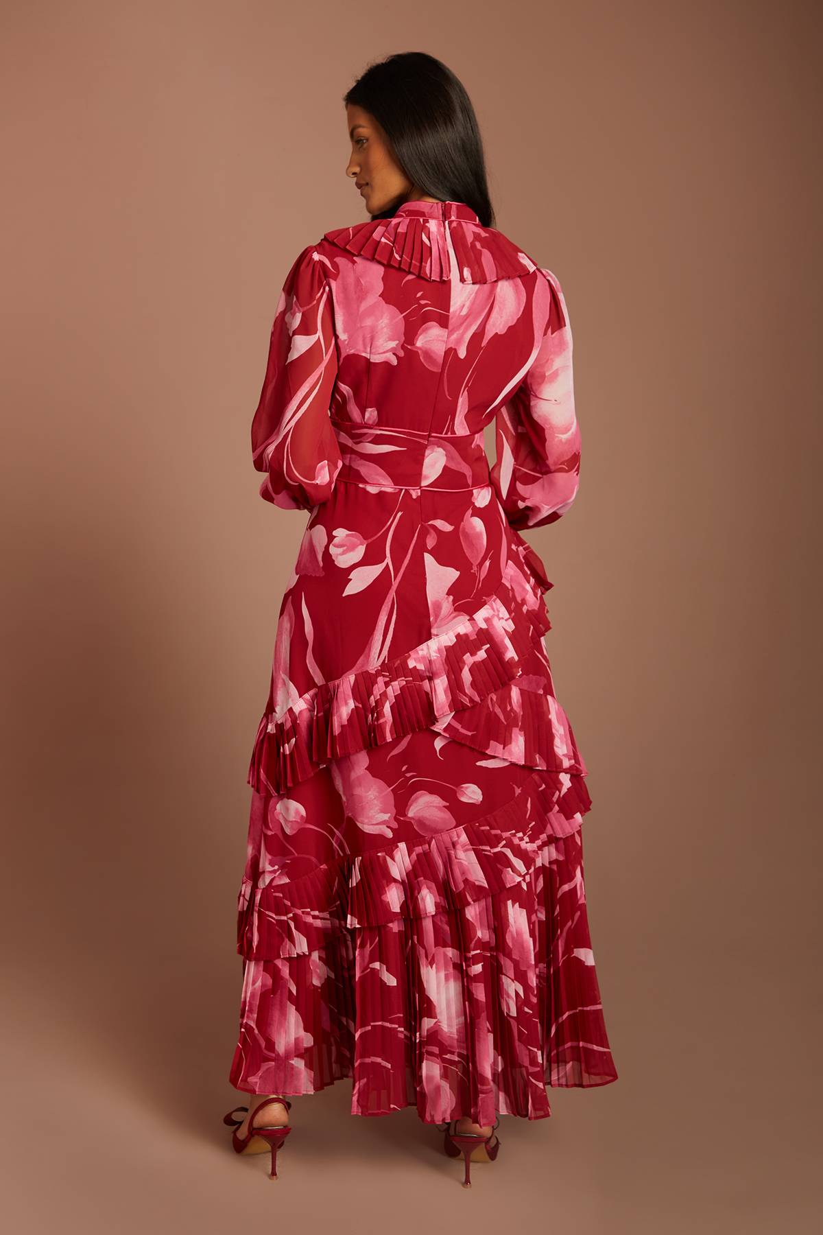 Coast Robe Mi-longue Plissée À Étages Avec Manches Longues Et Imprimé Petite