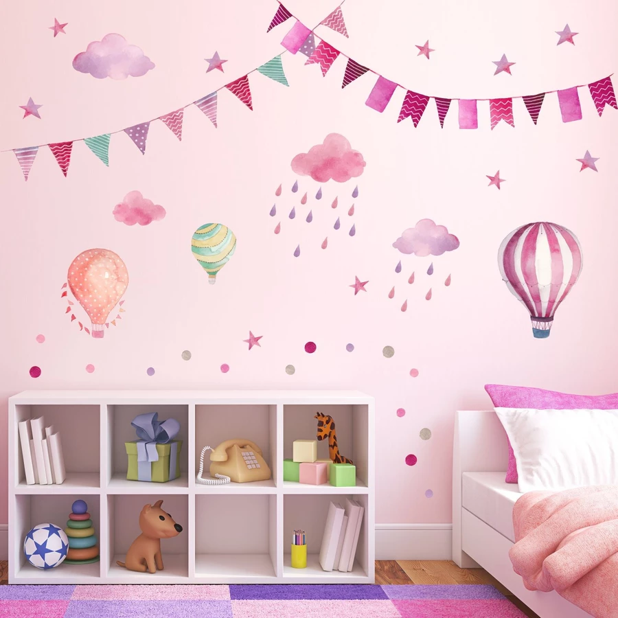 Nikima Wandtattoo 015 Wandtattoo Girlande Wimpelkette Ballon Wolke Regen Sterne rosa pink lila rosa
