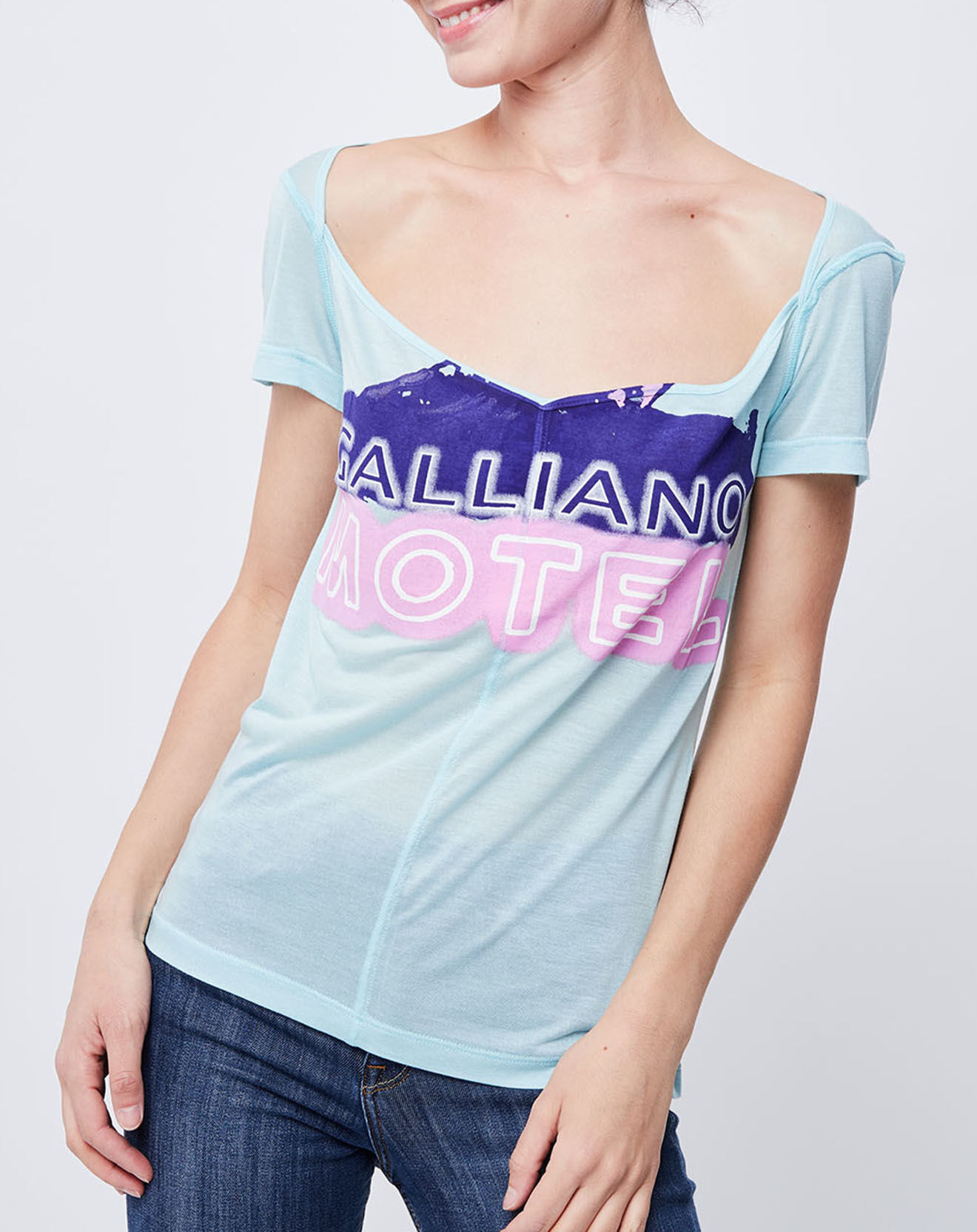 John Galliano T-Shirt fin imprimé turquoise/multicolore