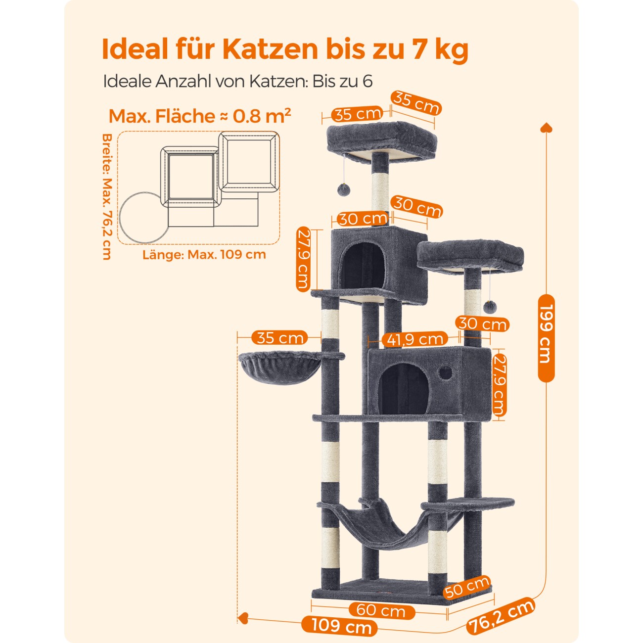 FEANDREA Katzenbaum XXL 199cm hellgrau dunkelgrau