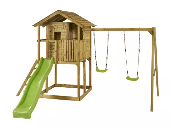 KANGUI Aire de jeux en bois avec cabane sur pilotis WAPITI- Balançoires, toboggan, cabane avec balcon