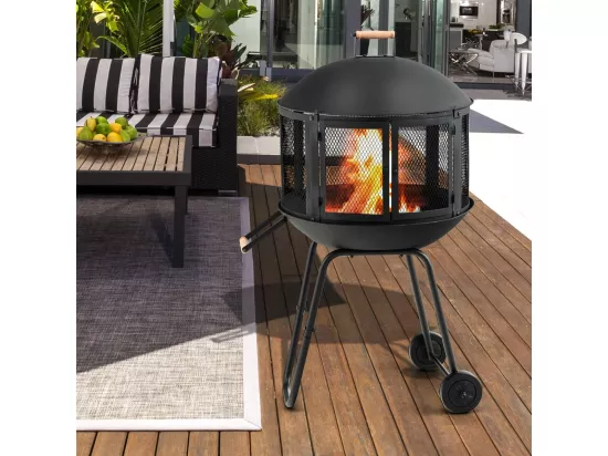 Brasero Exterieur de Jardin 108x57cm à 2 Portes avec Grille, Chauffage Foyer avec Roues Protection Contre Étincelles, Treillis Métallique Ventilation pour CamBoisg Barbecue