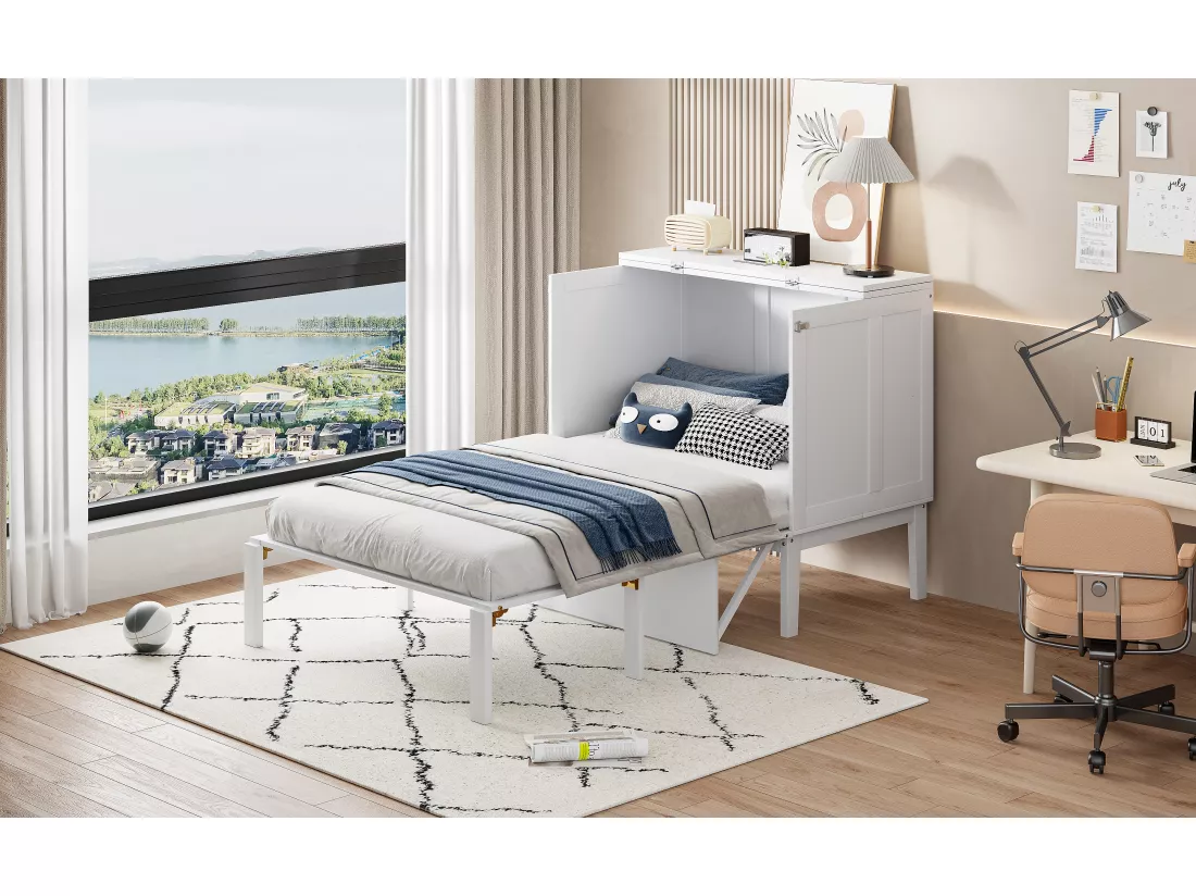 Lit gigogne Lit adulte 90 x 200 Lit mural avec sommier à lattes Armoire verticale Bois Blanc