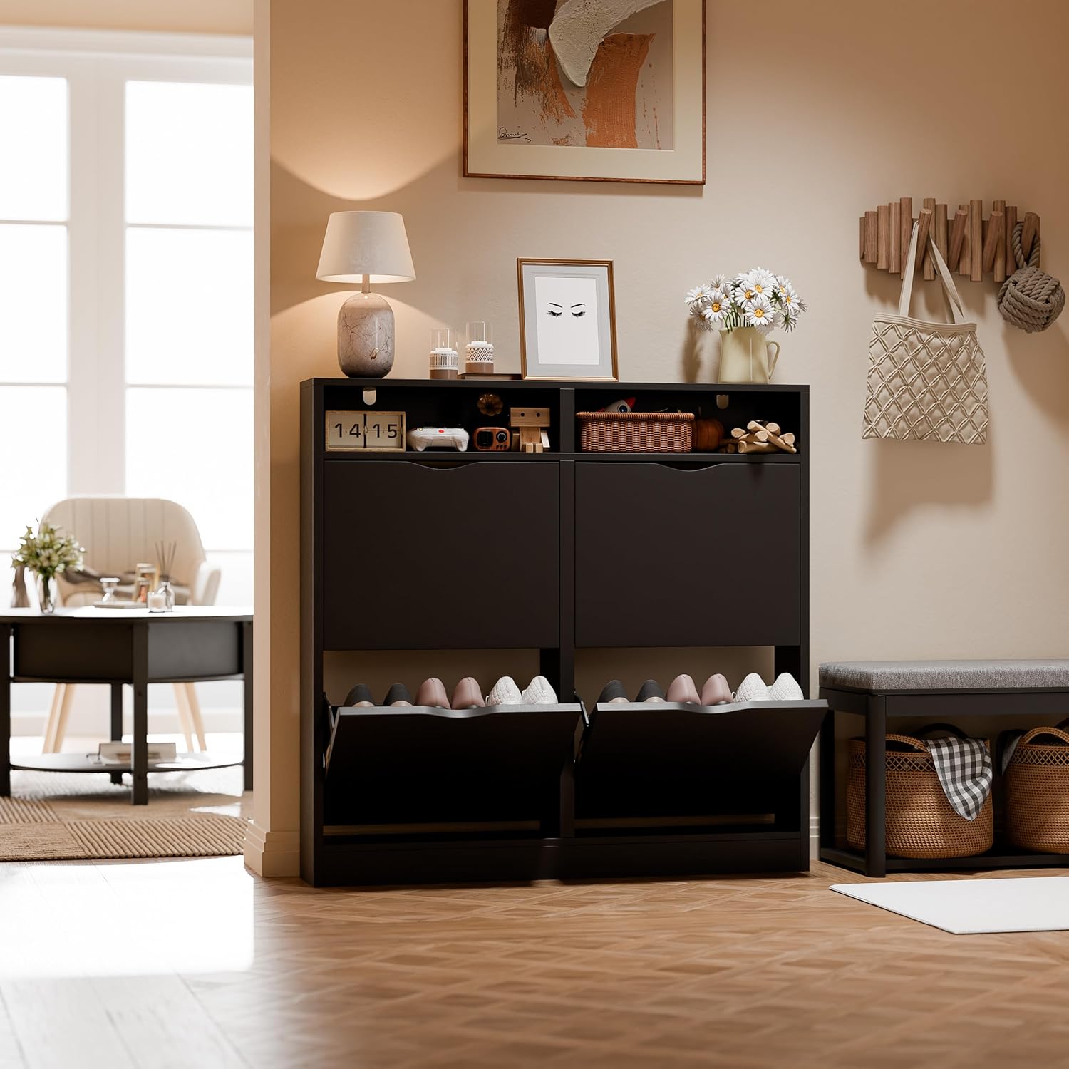 ELUCHANG Schuhschrank schmal mit 4 Klappen Platzsparender, Geschlossen Schuhregal Schuhkipper Schuhkommode mit 4 Ablagen, Shoe Cabinet Flurschrank für Diele/Flur/Garderobe, Schwarz