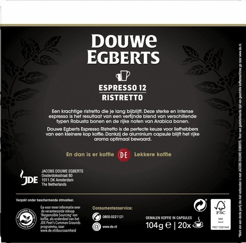 Douwe Egberts Espresso Ristretto - Intensiteit 12/12 - 10 x 20 capsules