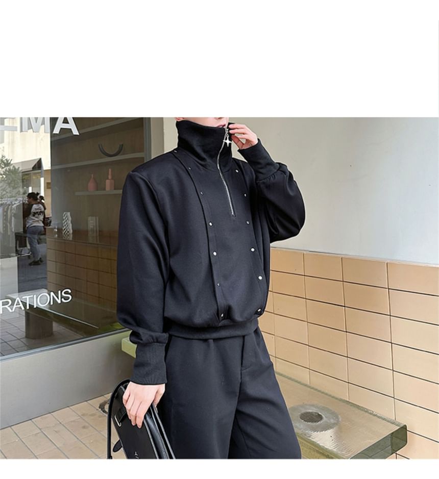 Omozando - Sweatshirt met kraag, effen studs en halve rits