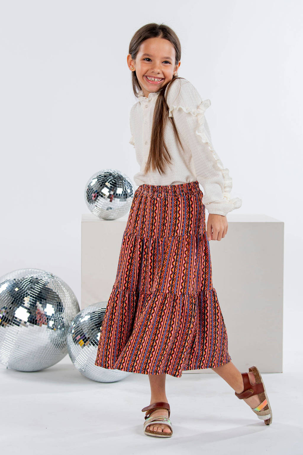 B.Nosy rok met all over print en volant brique/blauw