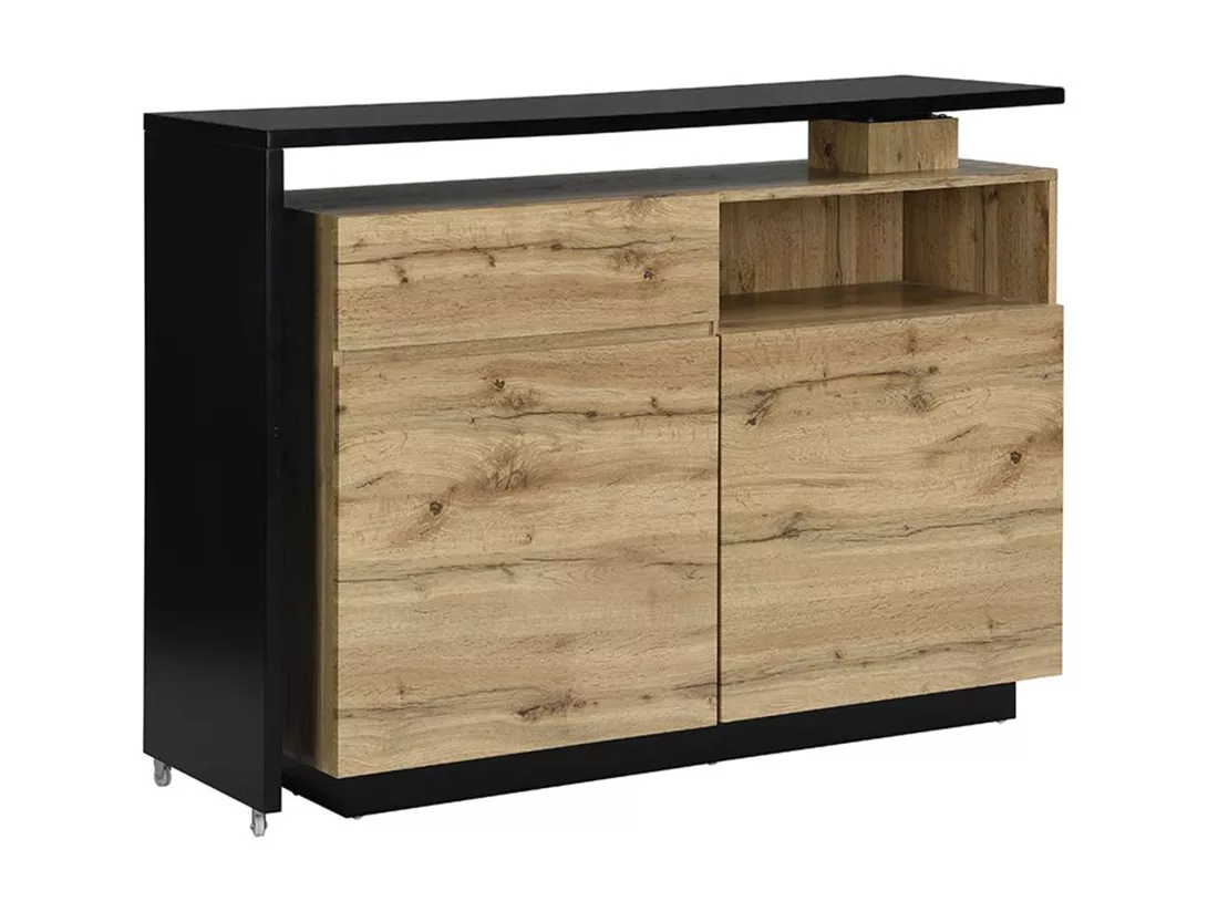 Meuble de bar pivotant avec 2 portes, 1 tiroir et 1 niche en MDF - Naturel et Noir - ELDIR