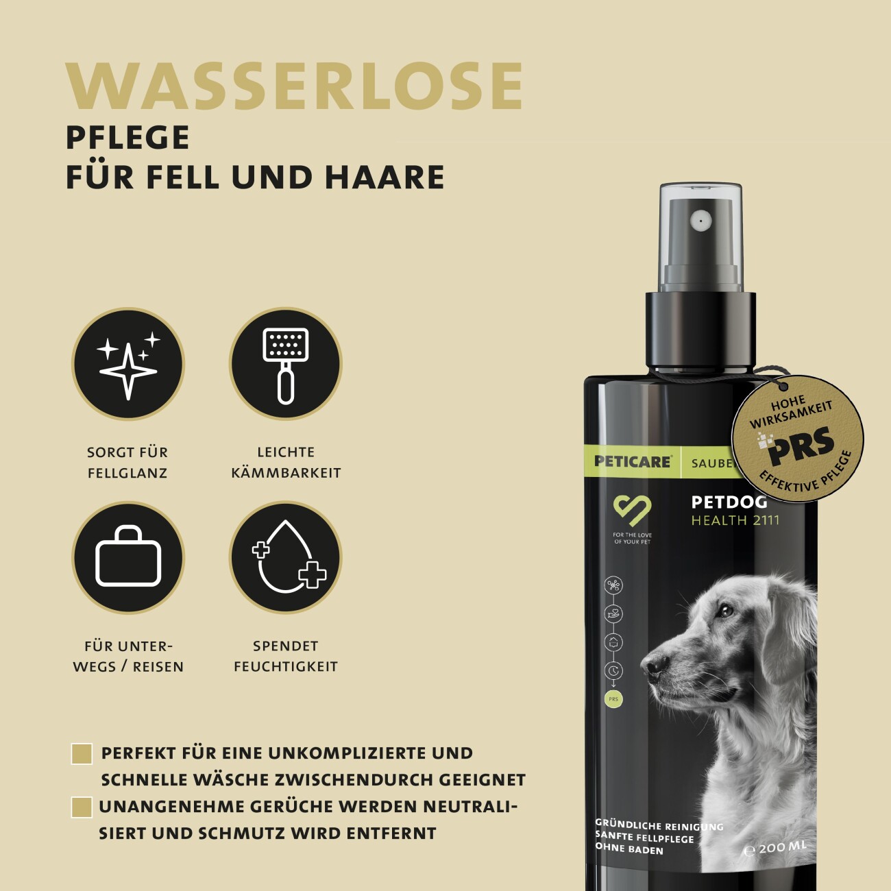 Peticare natürliches Trocken-Shampoo für Hunde, stressfreie Wäsche ohne Wasser