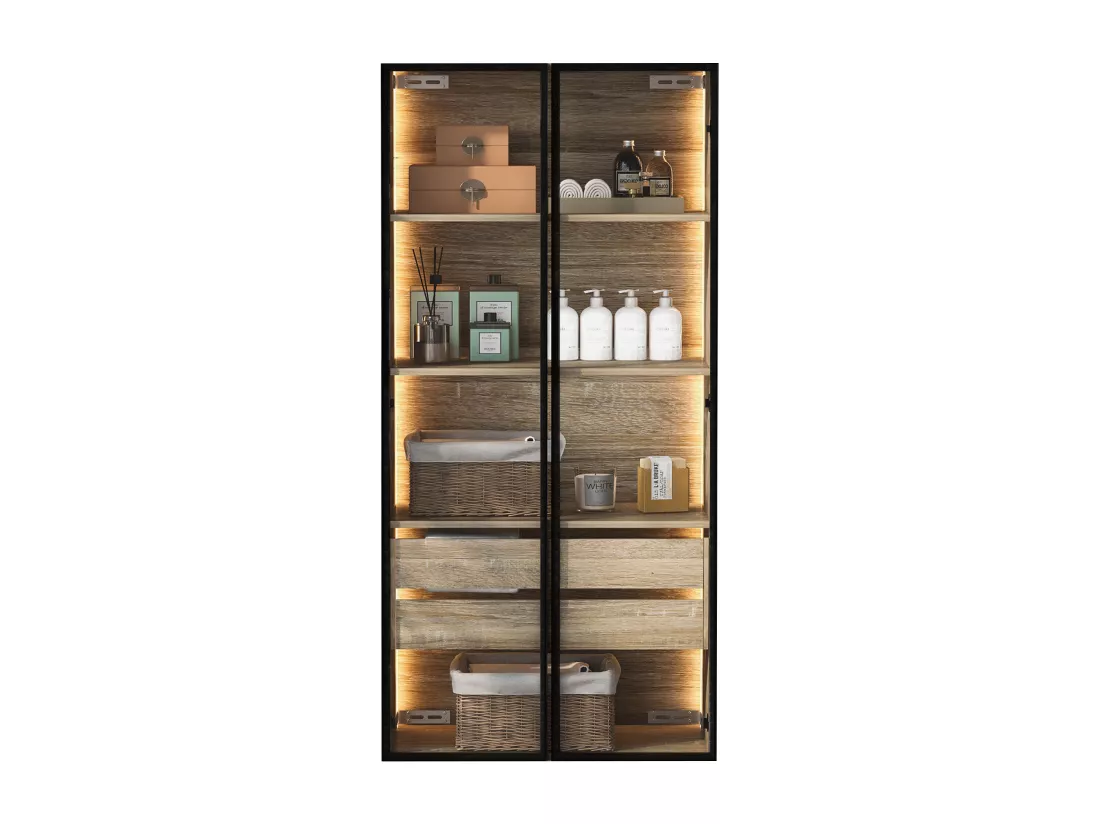 Vitrine、Meuble de salle de bain avec LED - 2 grands tiroirs et 2 portes vitrées - Naturel