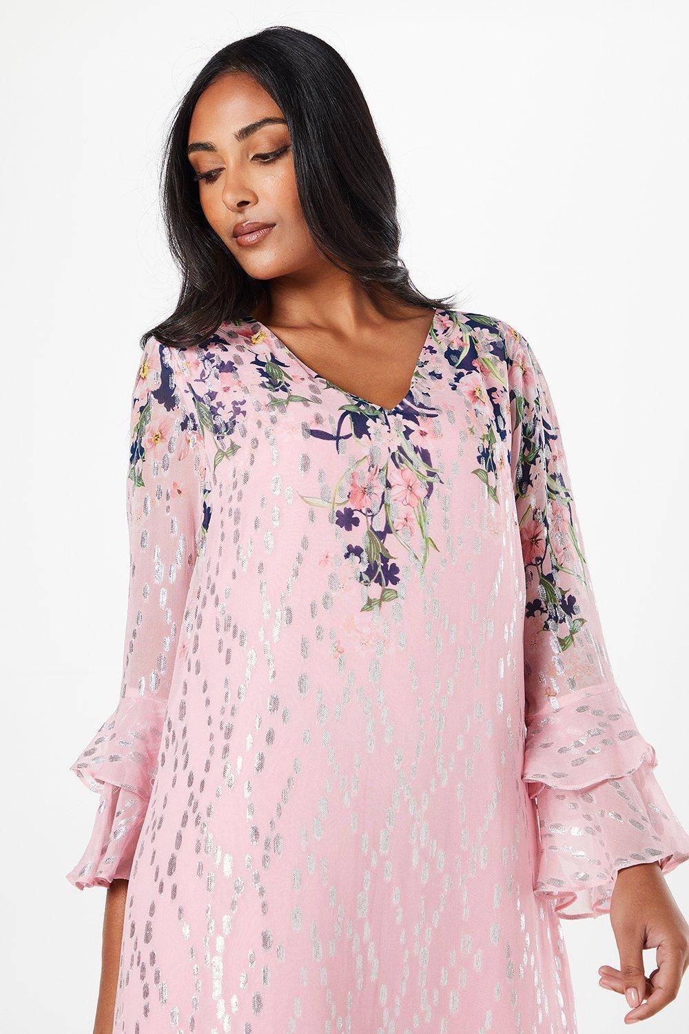 Wallis Robe Droite à Manches Volantées Métallisée Florale Petite