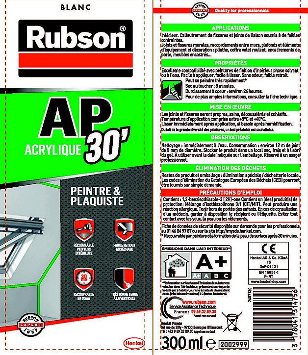 Mastic Rubson AP30 Finitions et Fissures Spécial Peinture blanc cartouche 300ml