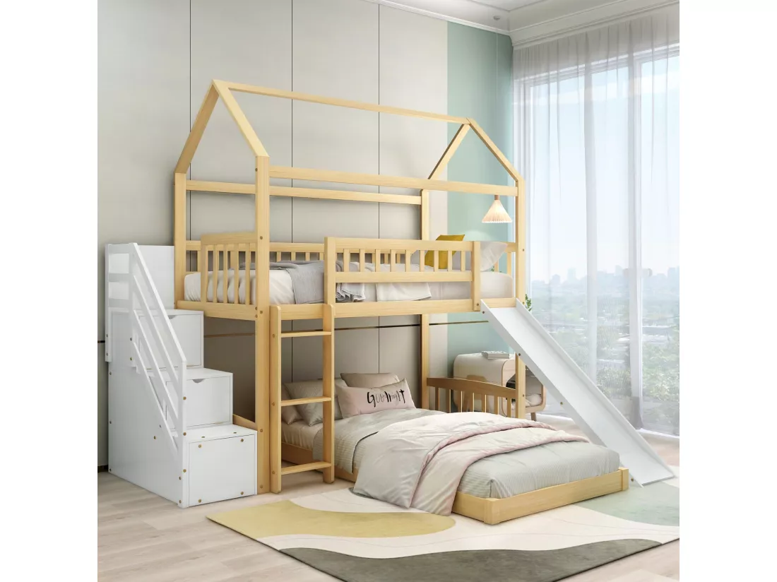 Lit superposé 2x90x200cm, lit cabane enfnat avec toboggan,avec 3 escaliers de rangement, cadre en bois, naturel+blanc