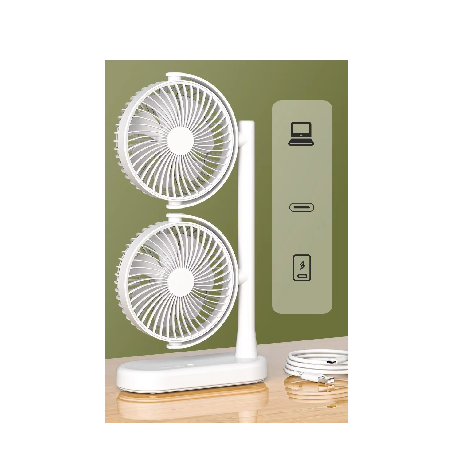 (39x20cm) 5W USB Desktop Doppelkopf Ventilator Schreibtisch Lüfter mit Standfuss / Individuell Verstellbaren Luftköpfen - Weiss