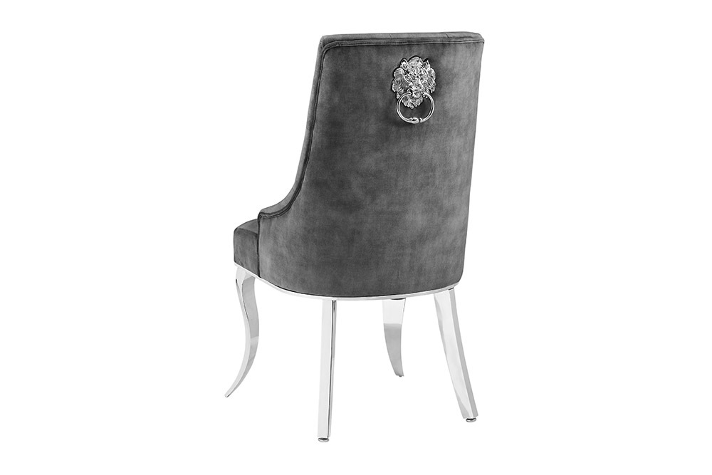Stuhl MODERN BAROCK DELUXE grau Samt silber Edelstahlbeine mit Löwenkopf
