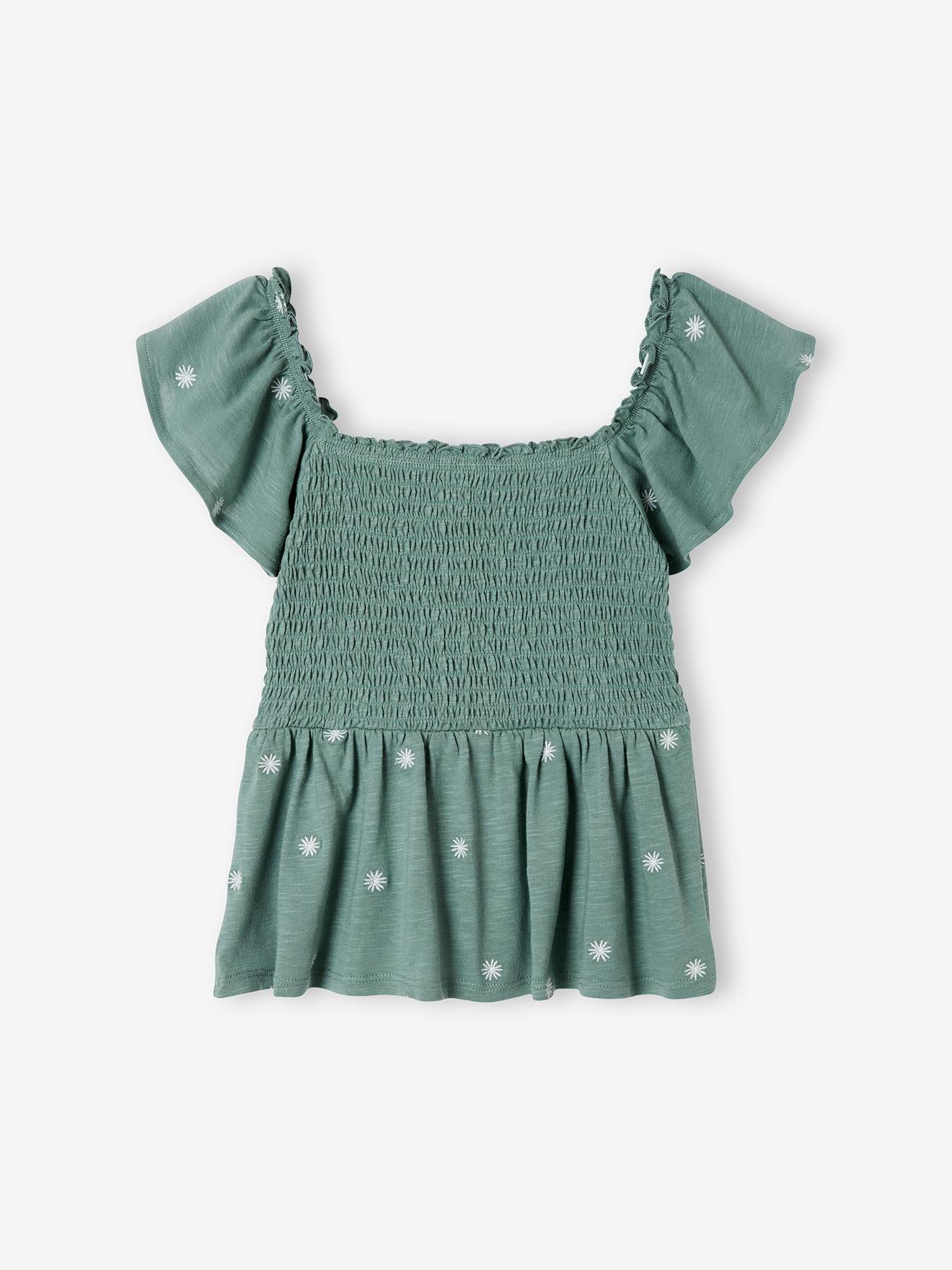 Camiseta infantil com babados e flores bordadas, estampa verde médio.