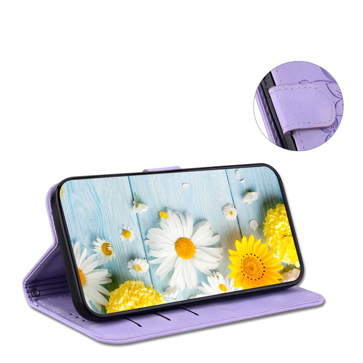 Samsung Galaxy S25 Leder Tasche Wallet - Blumen Imprint - Lila