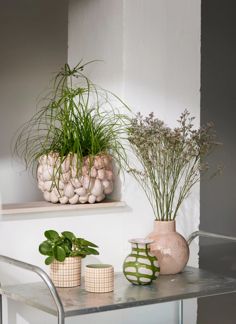 Bahne Interior  Check vase med hals, rosa/grøn - H17,5 cm.