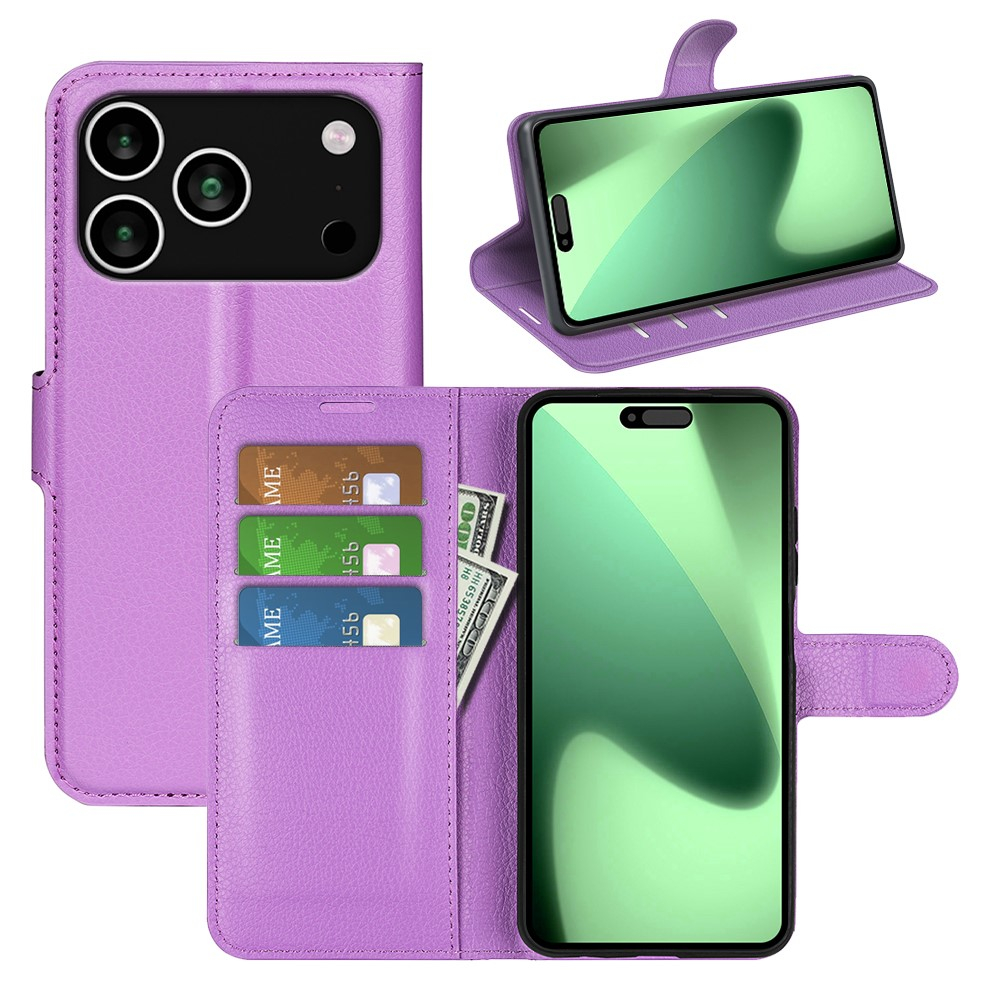 iPhone 17 Pro Max Leder Tasche Flip Cover Litchi Look - Lila
