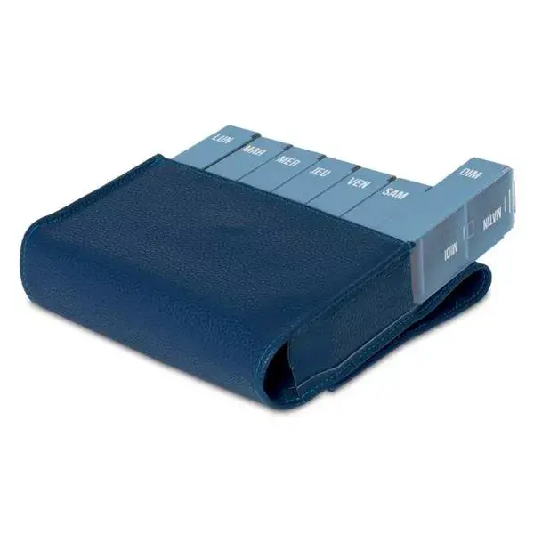 Organizador de comprimidos semanal Plic Care Slim em couro, azul