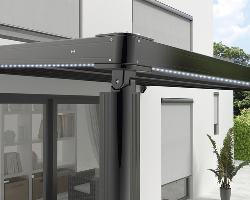 Pergola met stoffen dak 3,94x3,94, doek effen antraciet, frame RAL 9011 grafietzwart, inclusief motor, afstandsbediening en LED-verlichting (wandmontage)