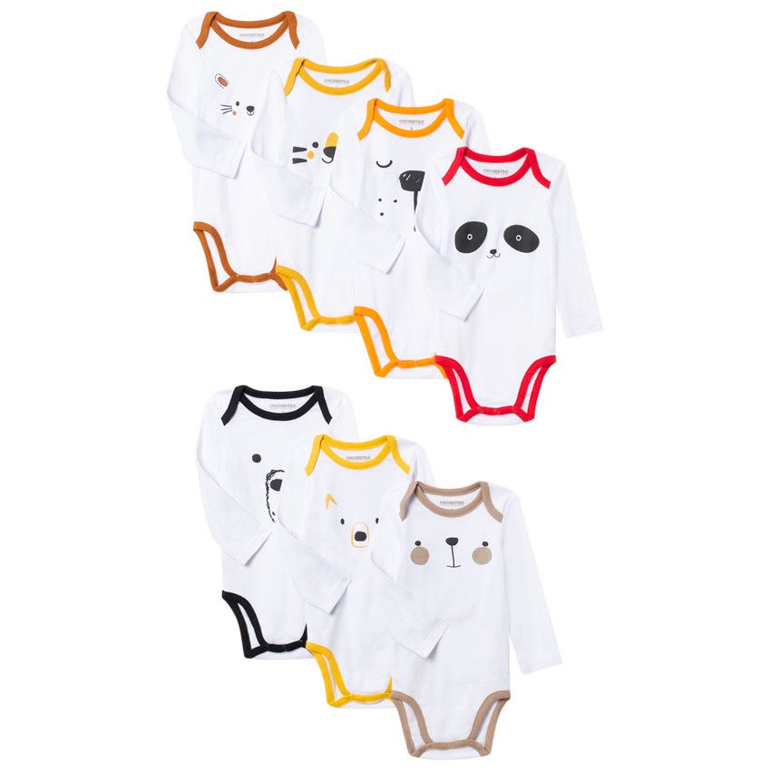 Lot de 7 bodies manches longues en coton bio print aimaux - Blanc