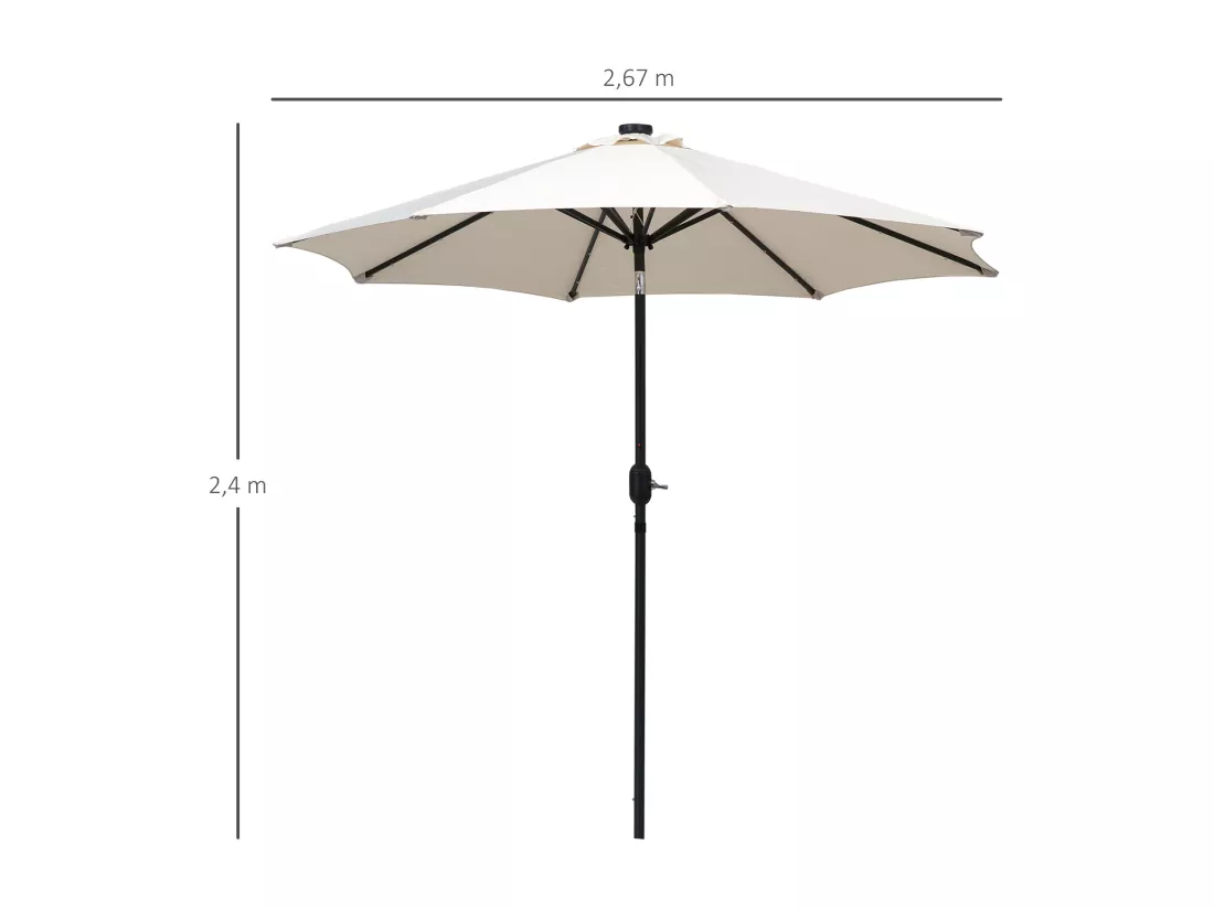 Parasol octogonal inclinable Ø 2,67 x 2,4 m lumineux solaire 24 LED polyester haute densité 180 g/m² crème