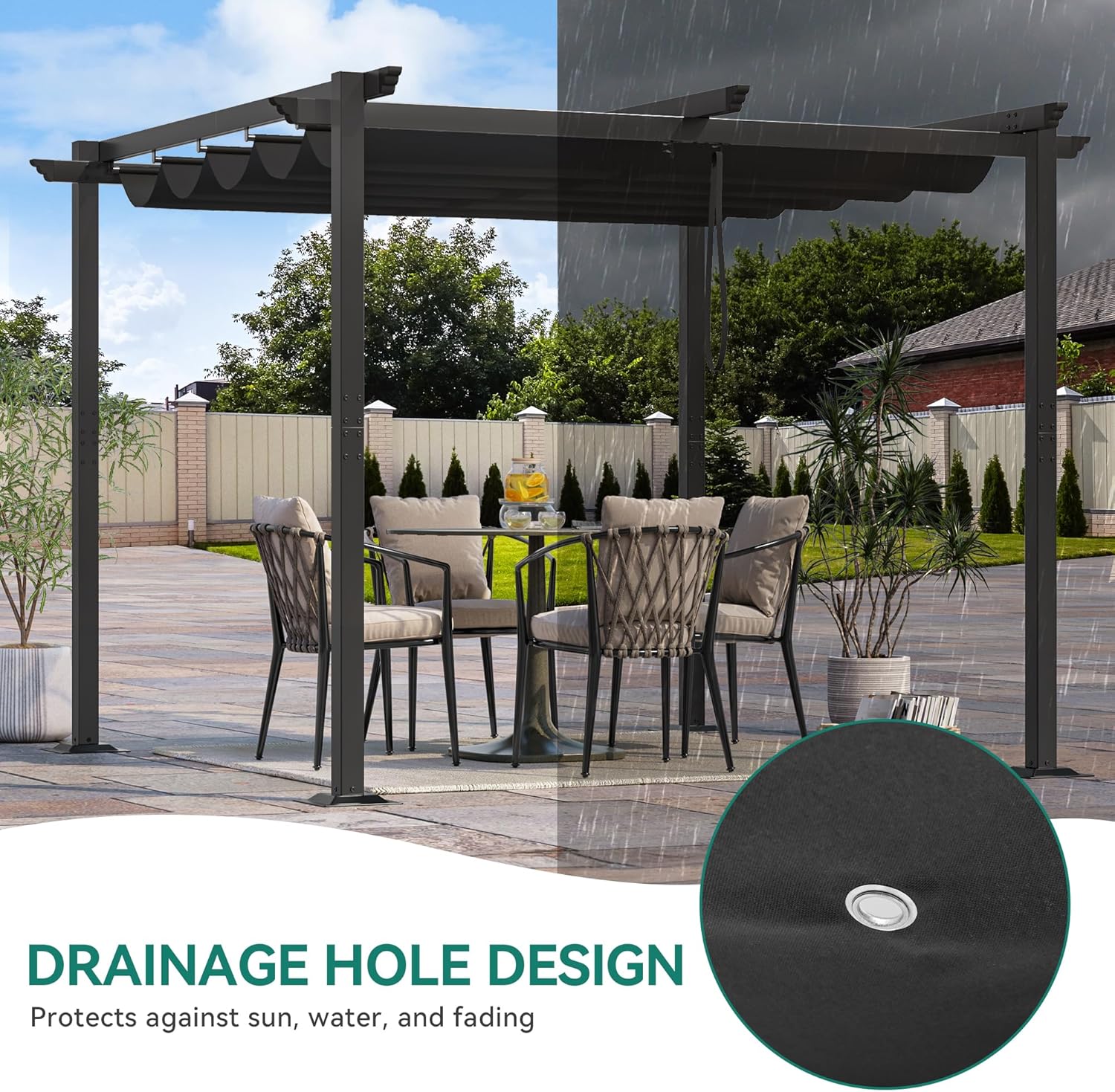 YITAHOME Metall-Pergola mit einziehbarem Dach, Outdoor-Pergola inklusive wasserabweisendem und PU-beschichtetem Baldachin mit LSF 15, Sonnenschutz für Grillveranstaltungen, Gartenpartys und Rasen in